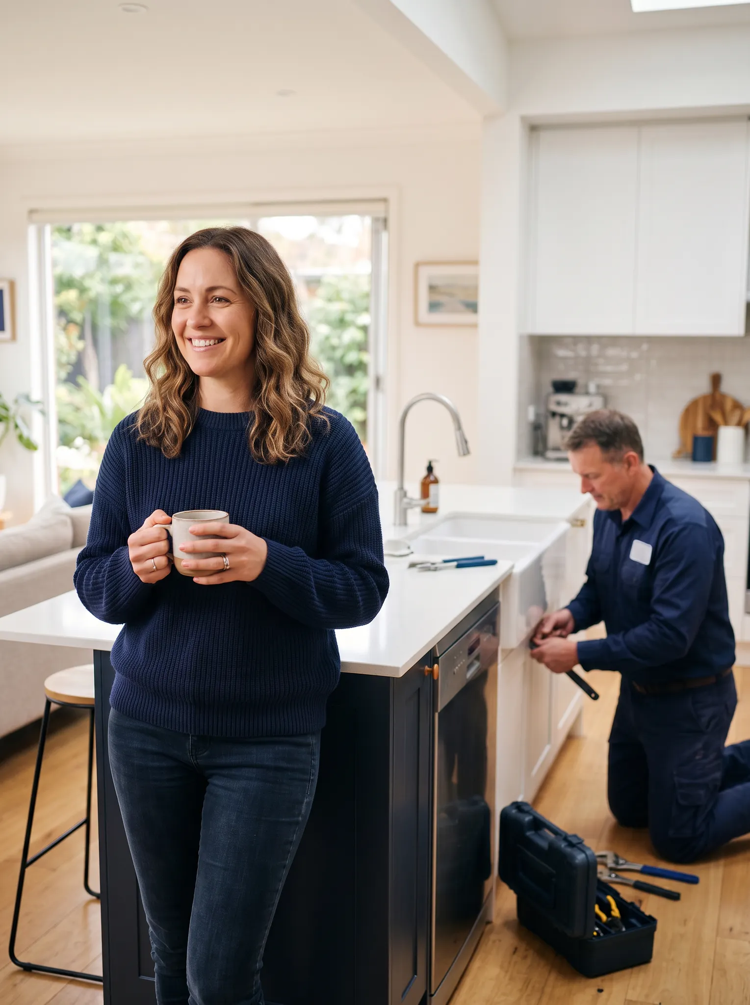 Smiling homeowner while a Runhome contractor completes a kitchen repair